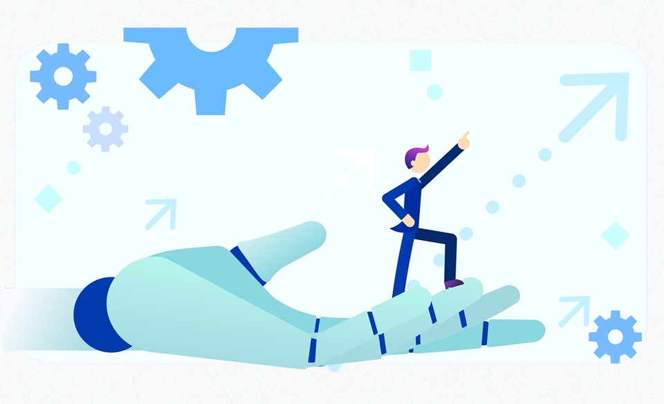 アンドロイドの手に乗り上を指差す